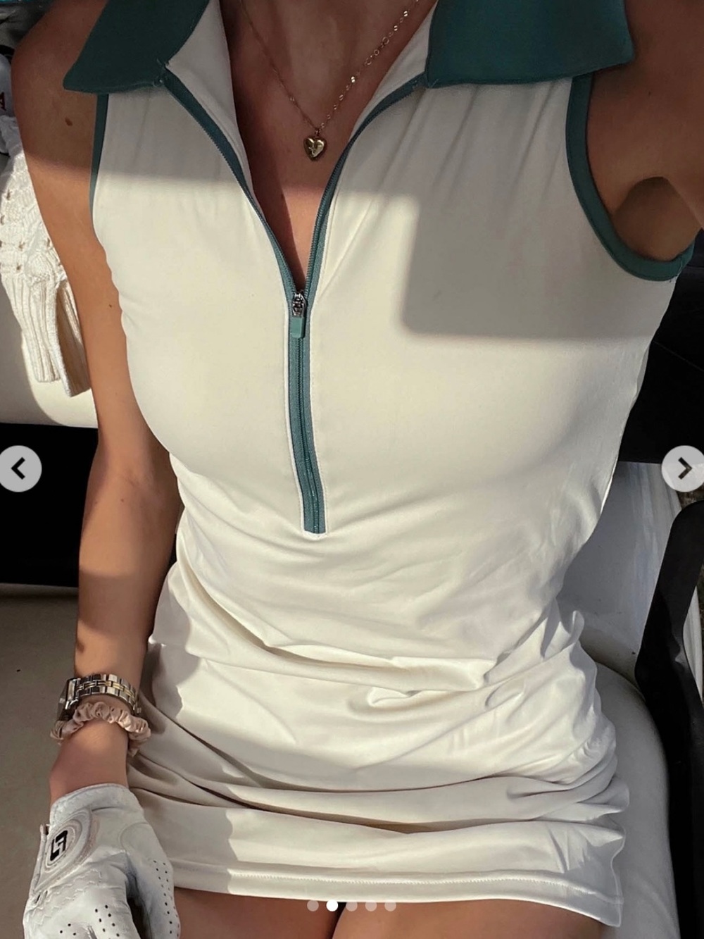 ·Gold Hinge· white and green half-zip collared mini dress